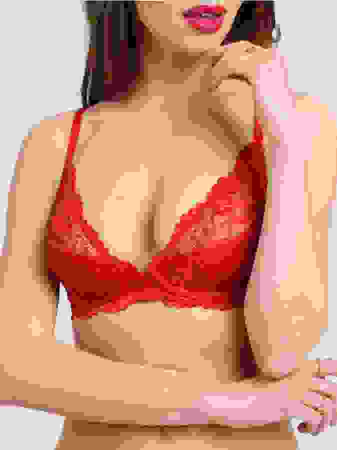 Lovehoney Flirty Underwired Plunge Bra Red, Red, hi-res